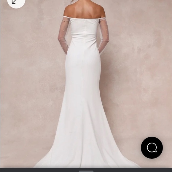 Lulus Eternally Beloved White Mesh Off-the-Shoulder Pearl Maxi Dress Large # - Picture 3 of 6